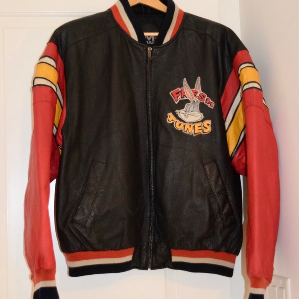 WARNER BROS🔥RARE🔥 VINTAGE LEATHER 1990'S LOONEY TUNES "JUST CHILLIN" JACKET XL - Picture 2 of 13